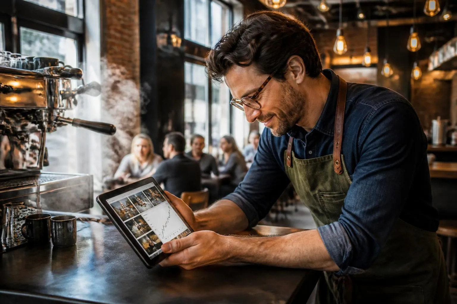 A café owner smiling at his tablet as his social media and sales chart grow