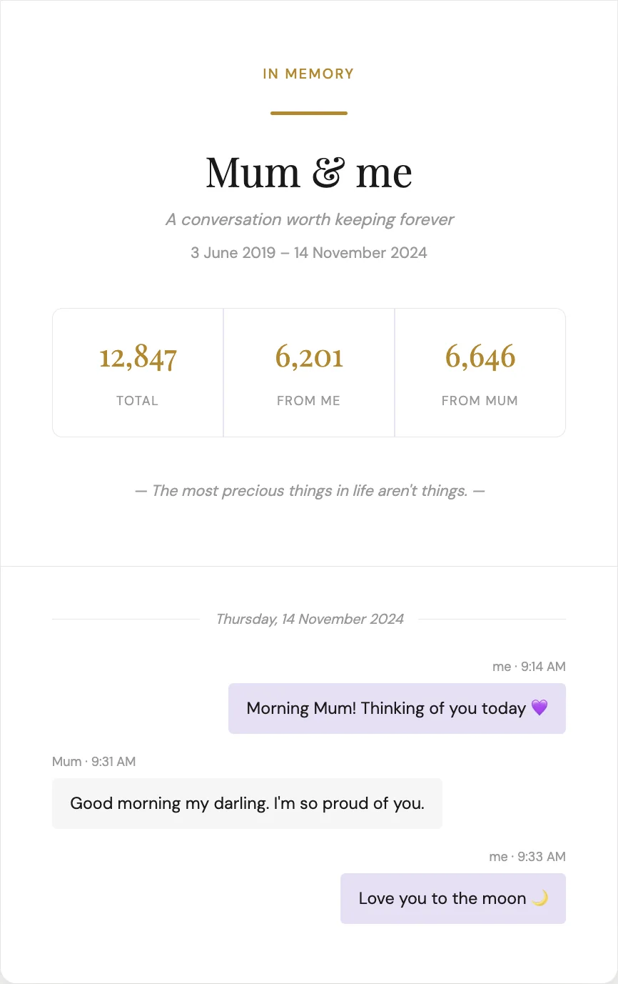A Threadkeeper PDF titled Mum and me, showing message totals and a saved conversation